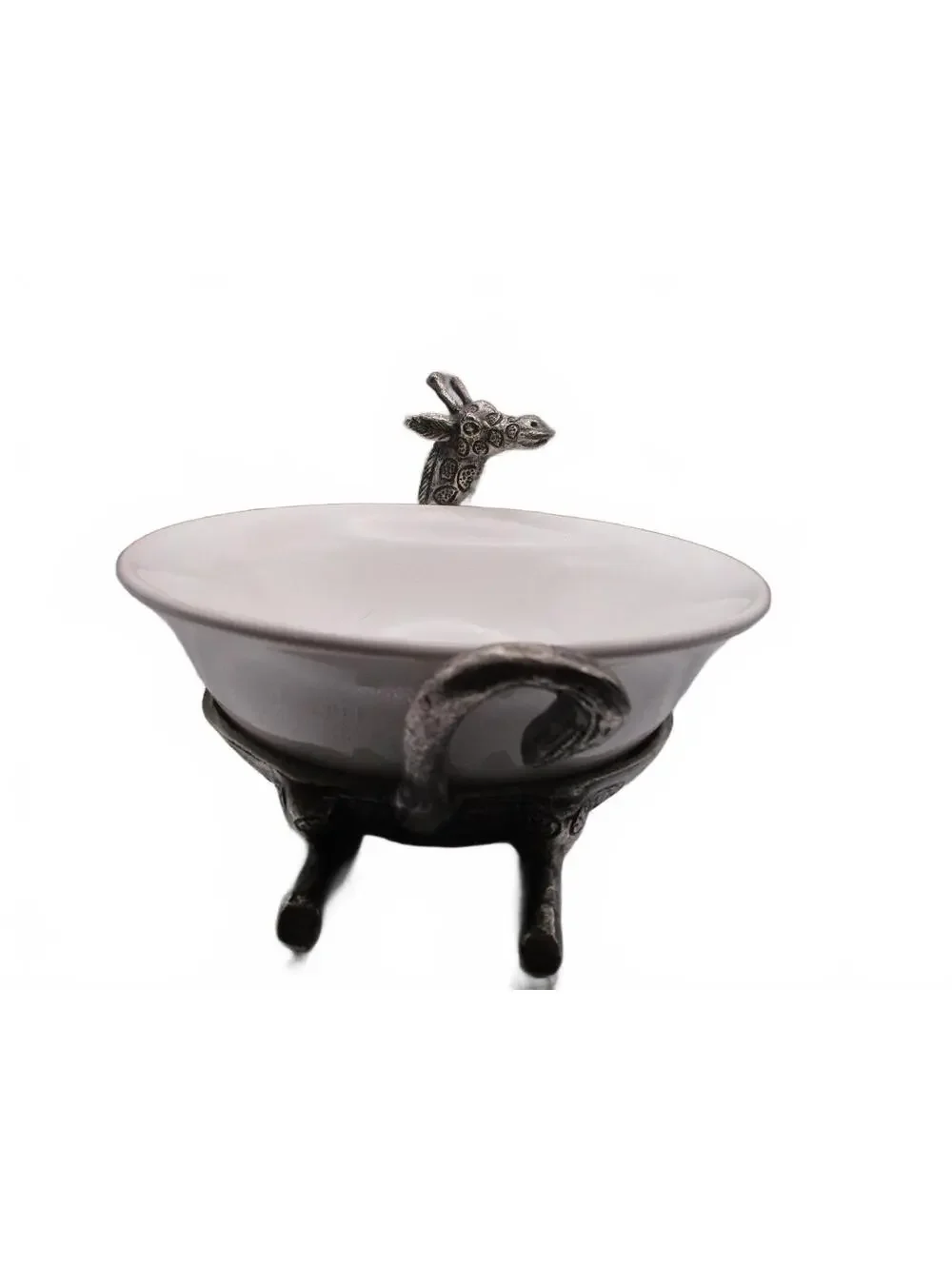 Pier 1 Imports Retired Giraffe White Ceramic Serving Bowl Pewter Metal Base 8.5
